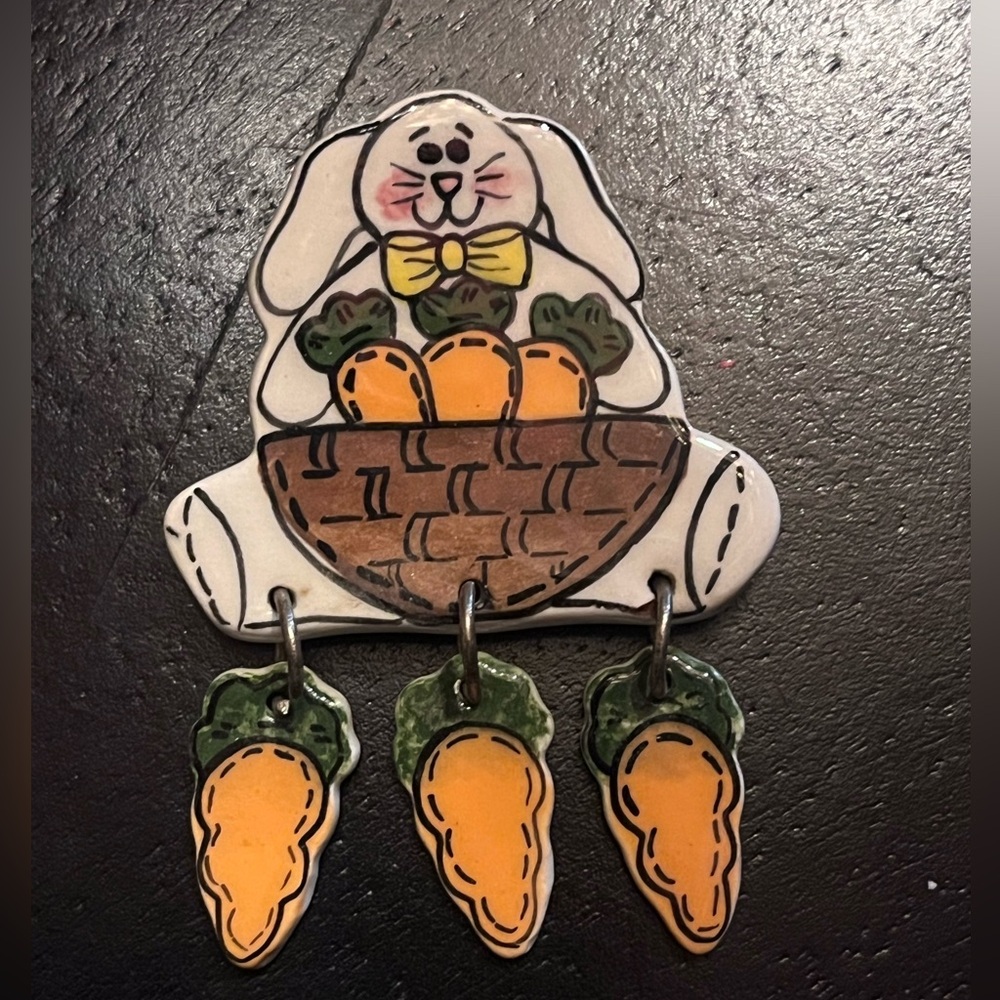 Vintage Ceramic Bunny Brooch with Dangling Carrots Easter